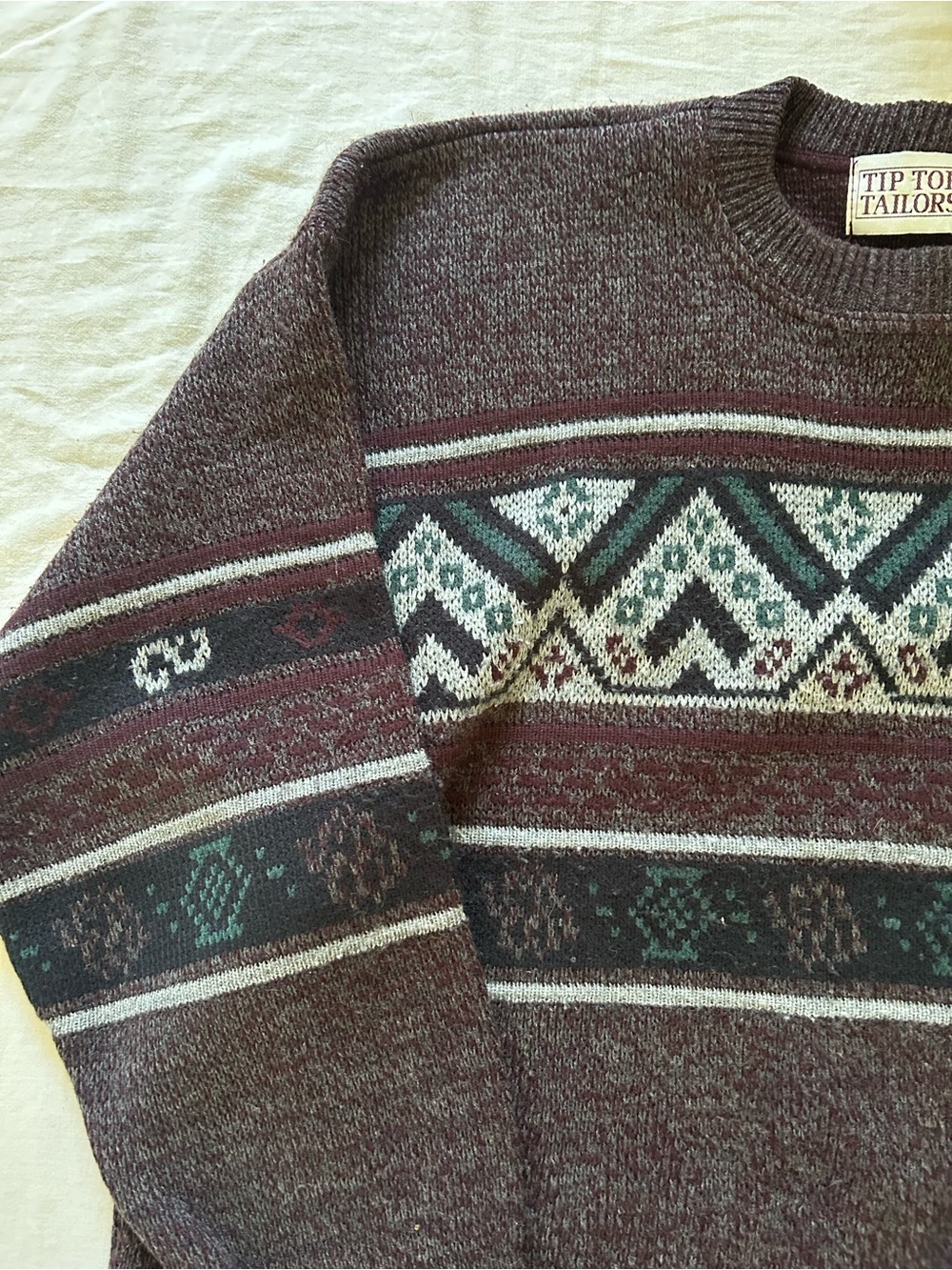 Vintage Brown Crewneck Sweater with Teal and Gray Pattern - Picture 6 of 6